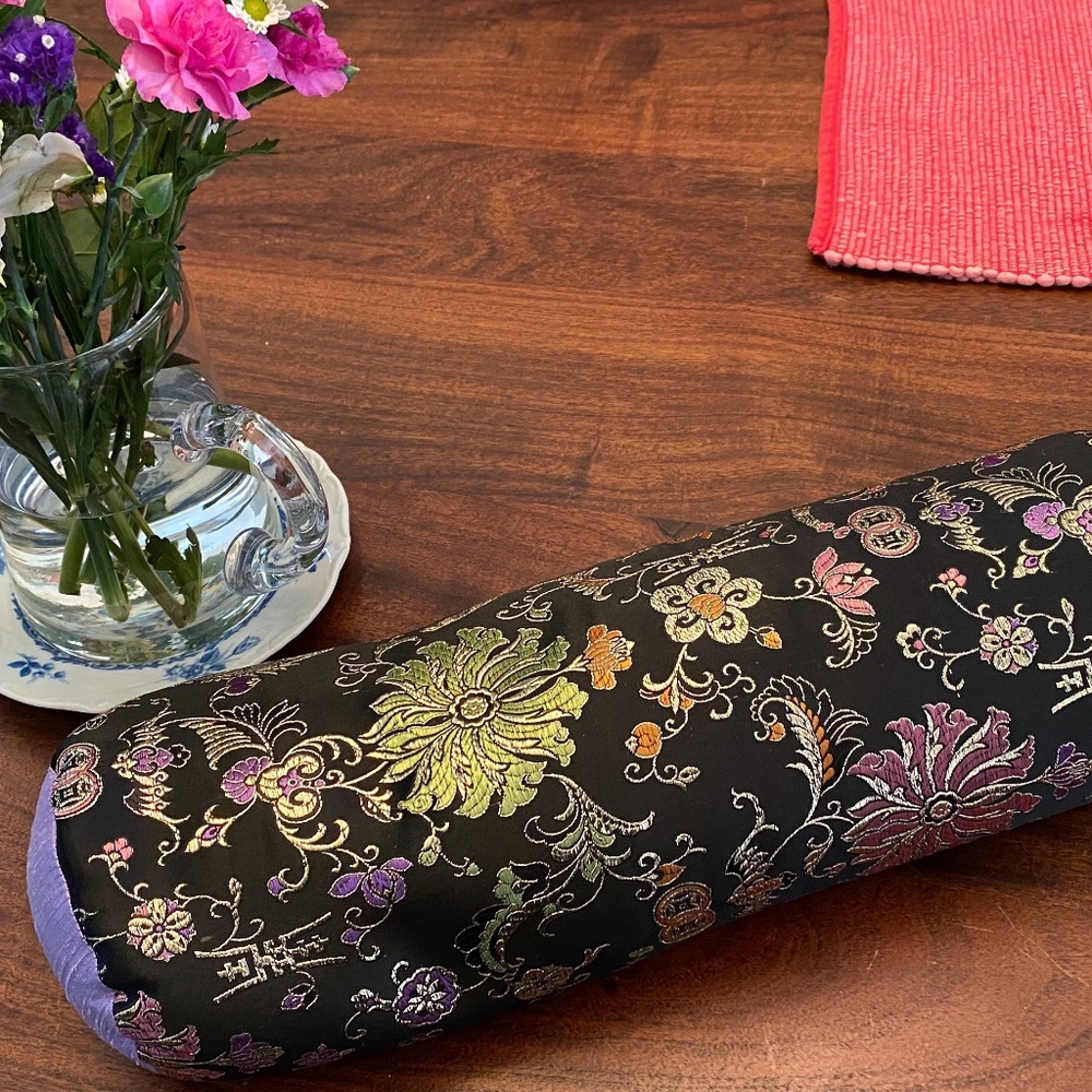 Yoga pillow roll w/ chinoiserie-influenced pattern